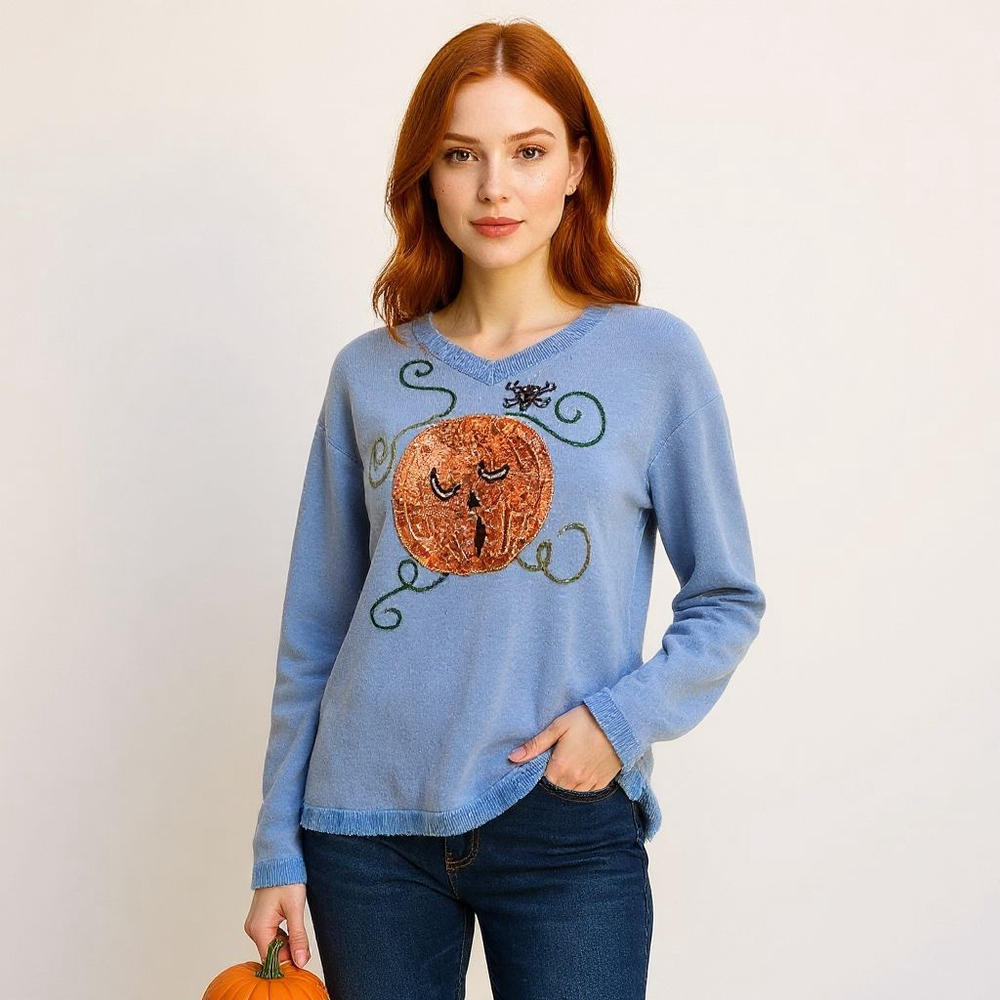 The Quaker Factory Vintage Blue Orange Pumpkin Halloween V-Neck Sweater
